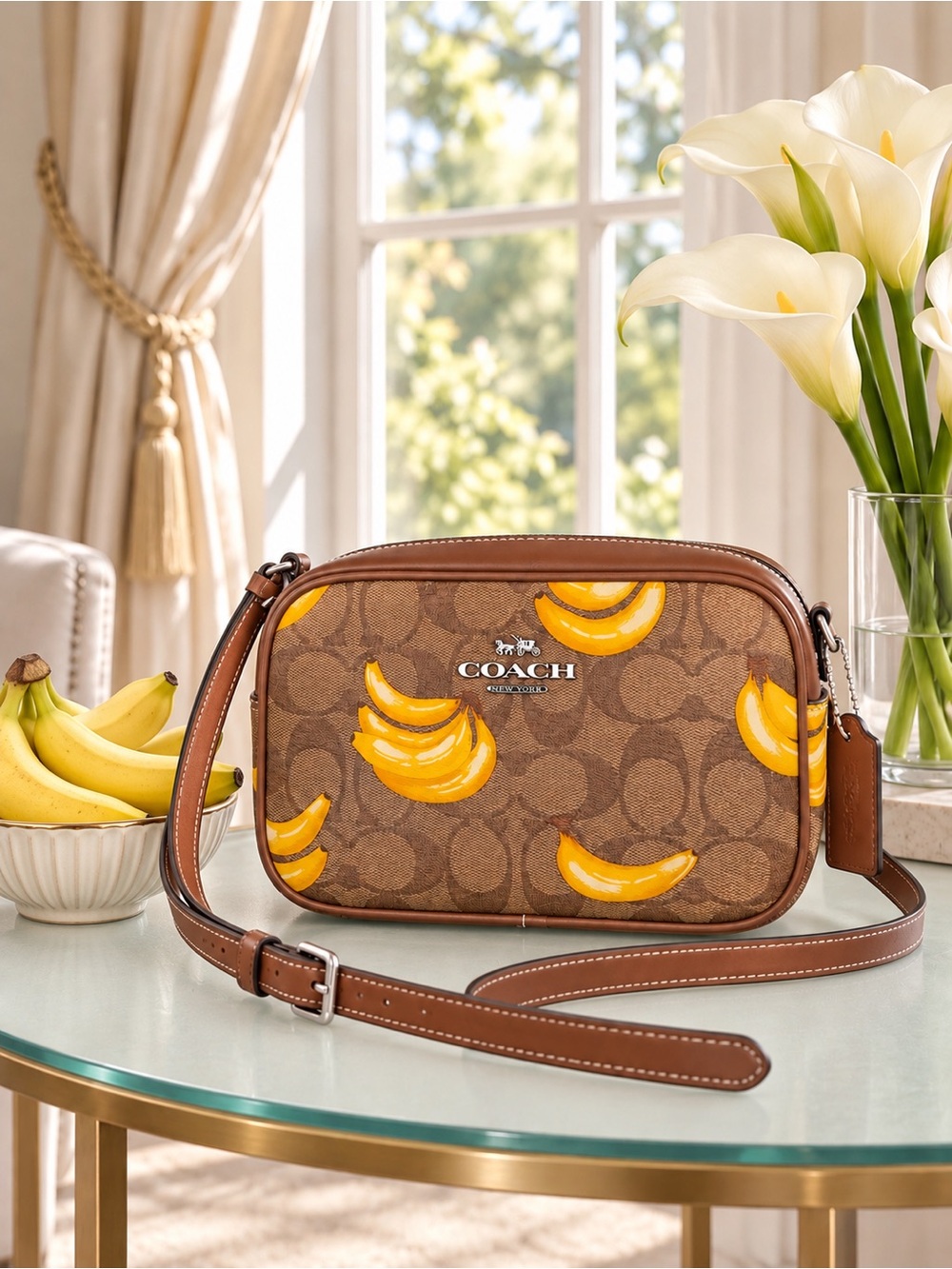 Coach Mini Jamie Like New Camera Bag In Signature Canvas With Banana Print